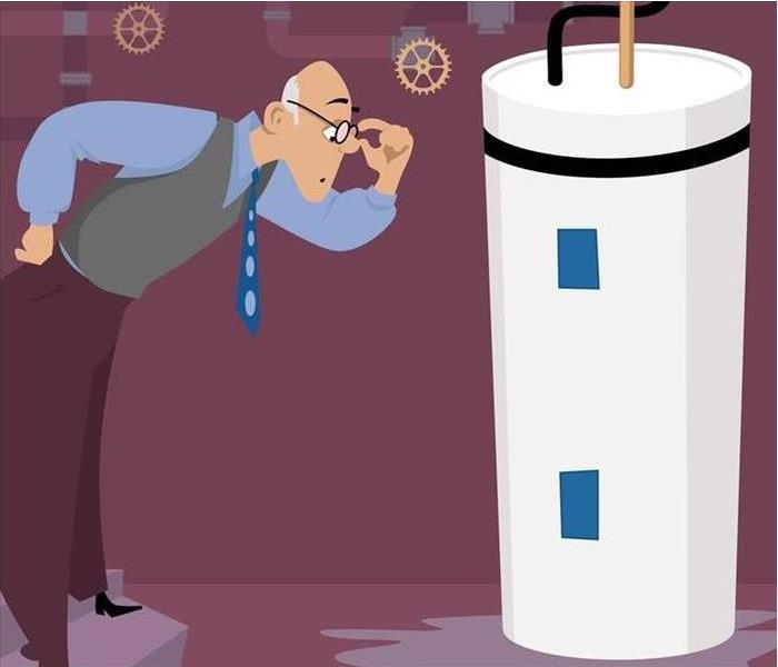 cartoon of a man looking at a water heater